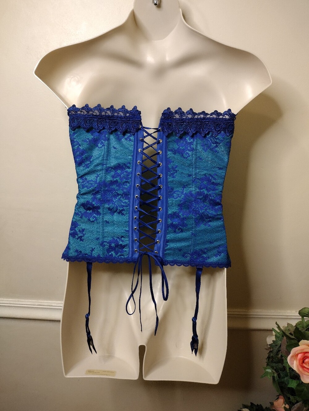 Fredericks Of Hollywood Royal Blue & Teal Lace Trimmed Corset With Garter Straps - Picture 5 of 9